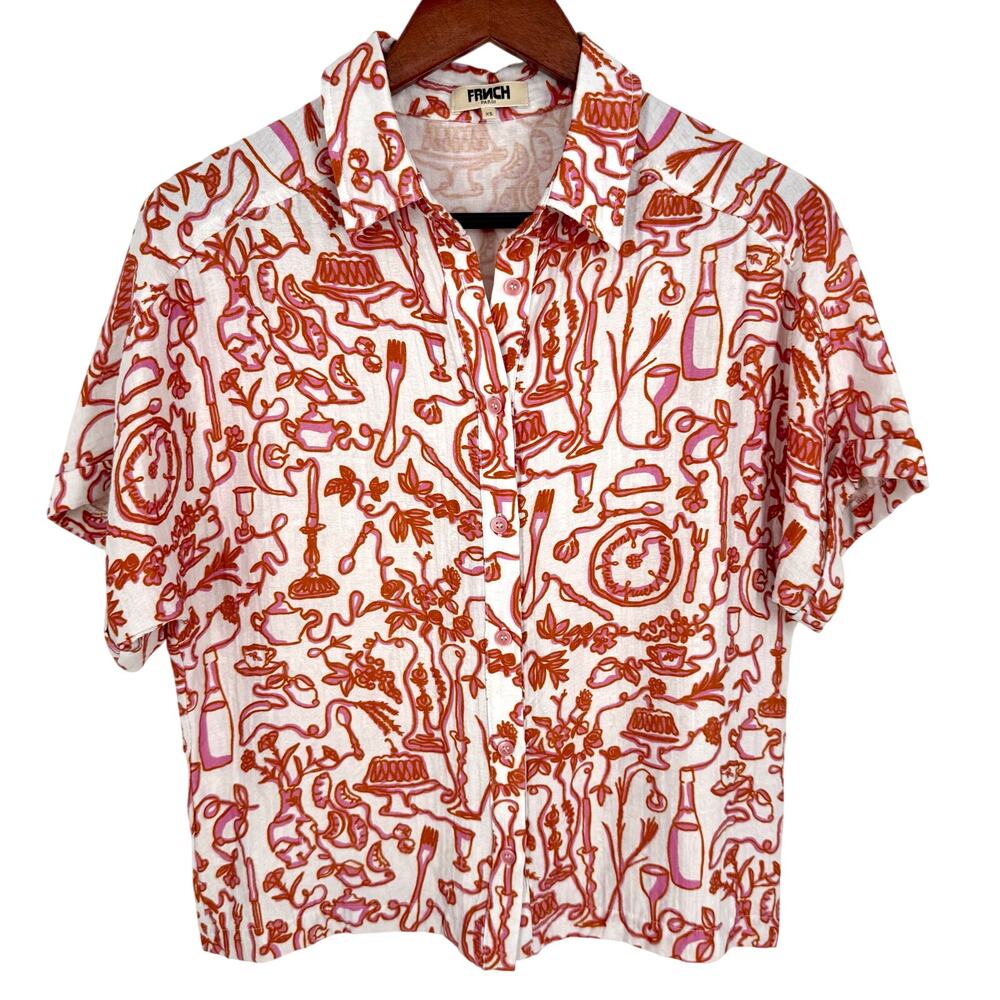FRNCH Womens Sz XS Tropical Short Sleeve White Burnt Orange Blouse Shirt Top